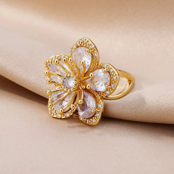 Wholesale Ladies Copper Zircon Inlaid Flower Leaf Fashion Ring With Electroplating
