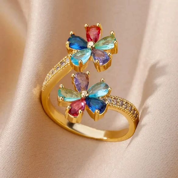 Wholesale Ladies Copper Zircon Inlaid Flower Leaf Fashion Ring With Electroplating