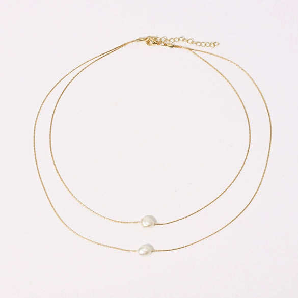 Wholesale Ladies Double Layer Freshwater Pearl Copper 14K Gold Plated Multilayer Conventional Chain Necklace With Geometric Pattern