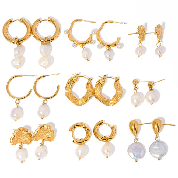 Wholesale Ladies Fashion Freshwater Pearl Earrings With Stainless Steel C Pendant And Electroplating Treatment Geometric Design
