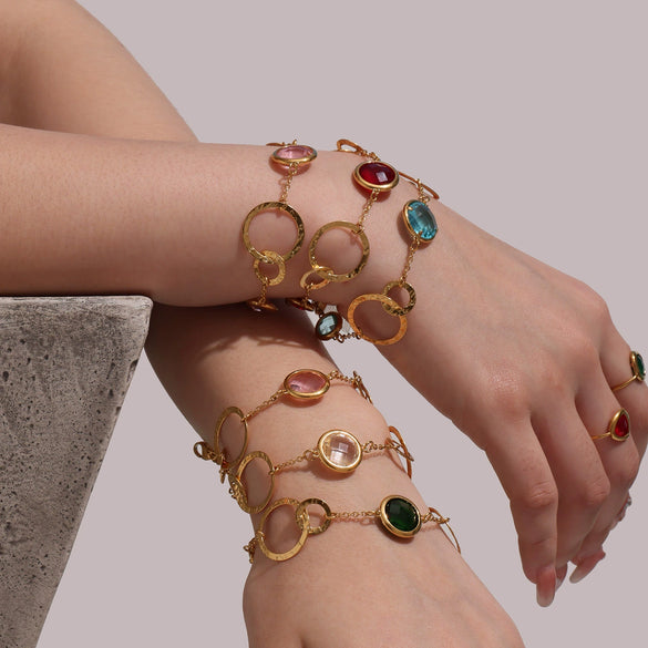 Wholesale Ladies Fashion Jewelry Czech Glass Ring Bracelet In Stainless Steel With Geometric Shape And Electroplating