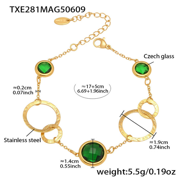 Wholesale Ladies Fashion Jewelry Czech Glass Ring Bracelet In Stainless Steel With Geometric Shape And Electroplating