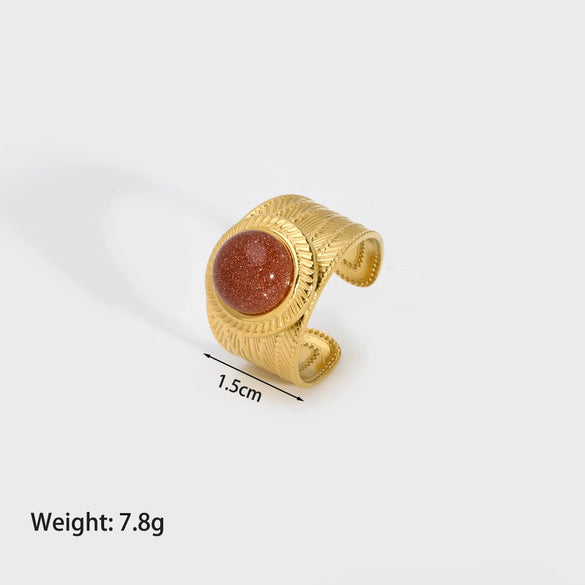 Wholesale Ladies Fashion Natural Stone Wide Open Ring In Stainless Steel With 18K Gold Electroplating And Geometric Design
