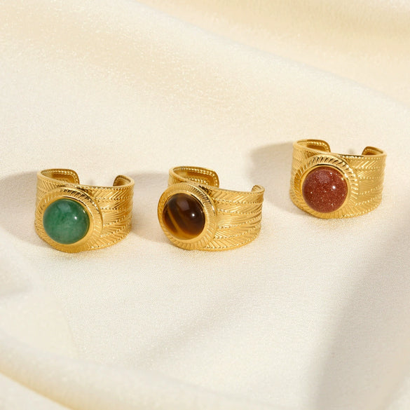 Wholesale Ladies Fashion Natural Stone Wide Open Ring In Stainless Steel With 18K Gold Electroplating And Geometric Design