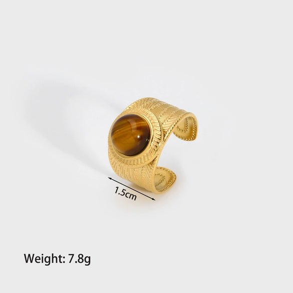 Wholesale Ladies Fashion Natural Stone Wide Open Ring In Stainless Steel With 18K Gold Electroplating And Geometric Design