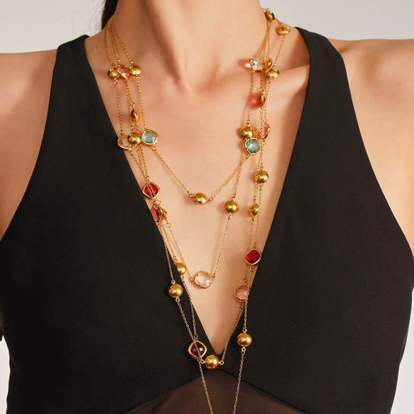 Wholesale Ladies Geometric Ferris Wheel Stainless Steel And Czech Glass Real Gold Plated Long Necklace