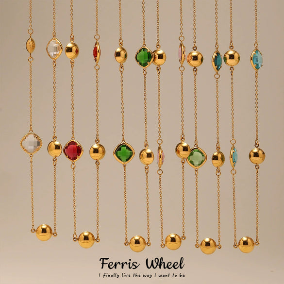 Wholesale Ladies Geometric Ferris Wheel Stainless Steel And Czech Glass Real Gold Plated Long Necklace