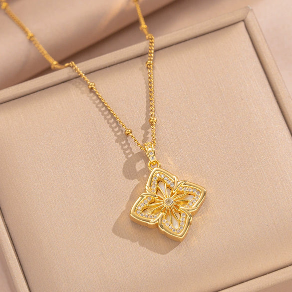 Wholesale Ladies' Geometric Floral Rhombus Pendant Necklace With 18K Gold Plated Copper And Zircon Inlay On Titanium Steel Flash Ochain