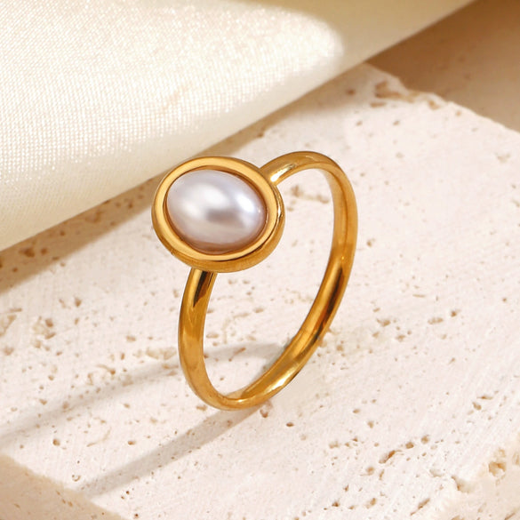 Wholesale Ladies Geometric Oval Stainless Steel Ring With Imitation Pearl Inlay And Electroplating