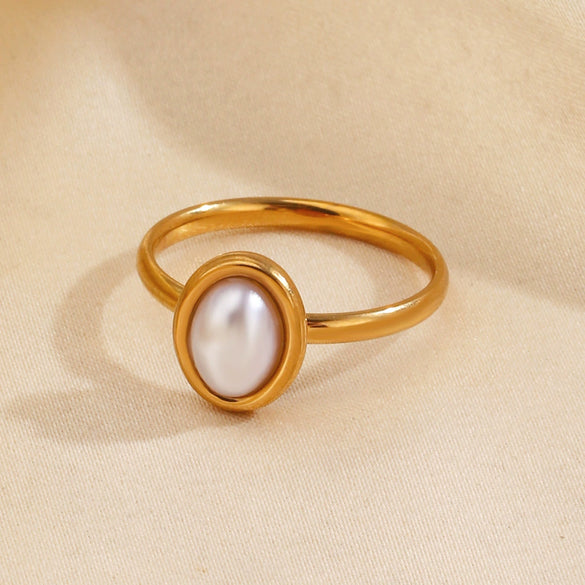 Wholesale Ladies Geometric Oval Stainless Steel Ring With Imitation Pearl Inlay And Electroplating