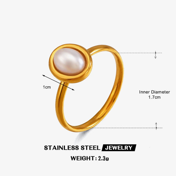 Wholesale Ladies Geometric Oval Stainless Steel Ring With Imitation Pearl Inlay And Electroplating