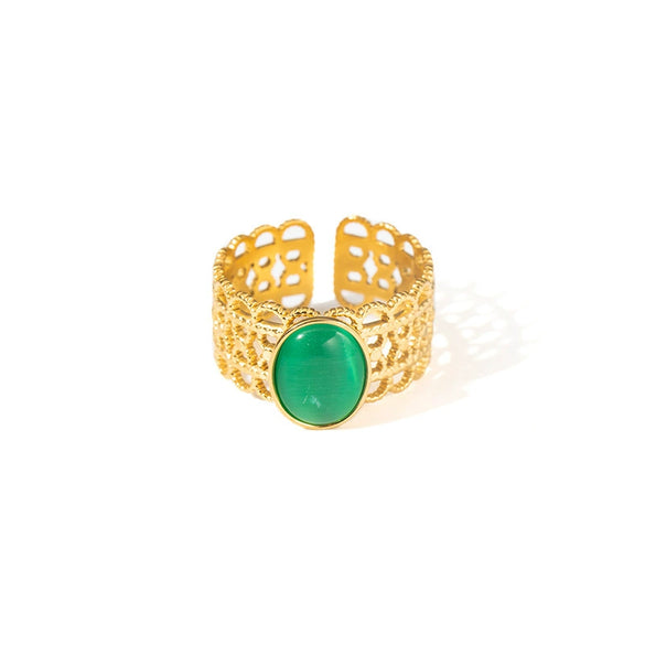 Wholesale Ladies Geometric Retro Hollow Titanium Steel Wide Face Ring Inlaid With Color Natural Stone Electroplated Highend Style
