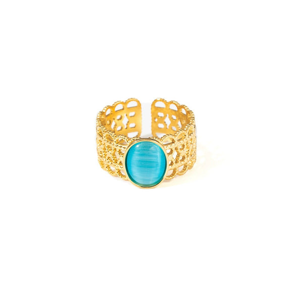 Wholesale Ladies Geometric Retro Hollow Titanium Steel Wide Face Ring Inlaid With Color Natural Stone Electroplated Highend Style