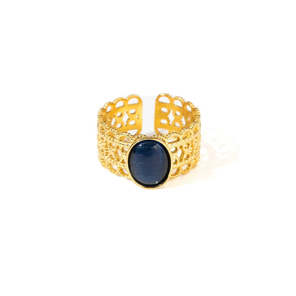 Wholesale Ladies Geometric Retro Hollow Titanium Steel Wide Face Ring Inlaid With Color Natural Stone Electroplated Highend Style