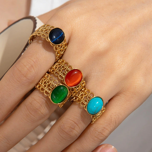 Wholesale Ladies Geometric Retro Hollow Titanium Steel Wide Face Ring Inlaid With Color Natural Stone Electroplated Highend Style