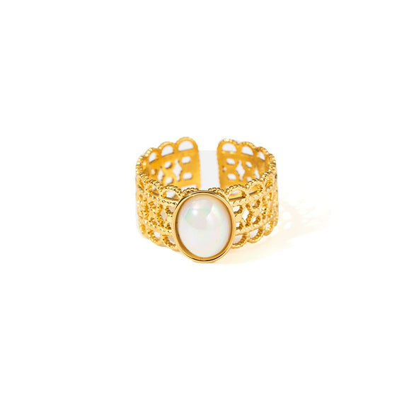 Wholesale Ladies Geometric Retro Hollow Titanium Steel Wide Face Ring Inlaid With Color Natural Stone Electroplated Highend Style