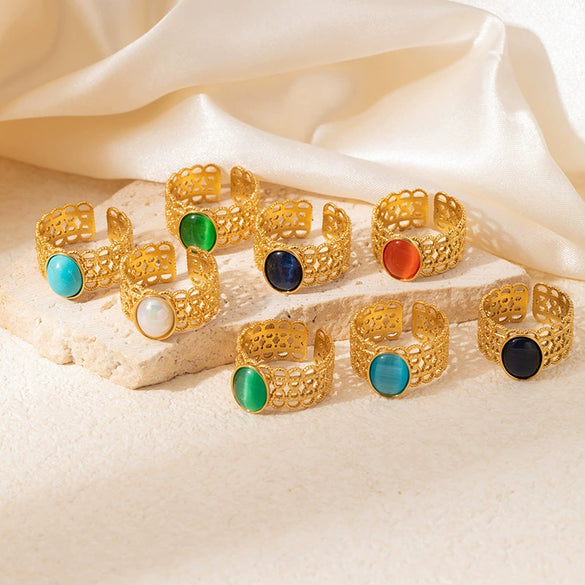 Wholesale Ladies Geometric Retro Hollow Titanium Steel Wide Face Ring Inlaid With Color Natural Stone Electroplated Highend Style