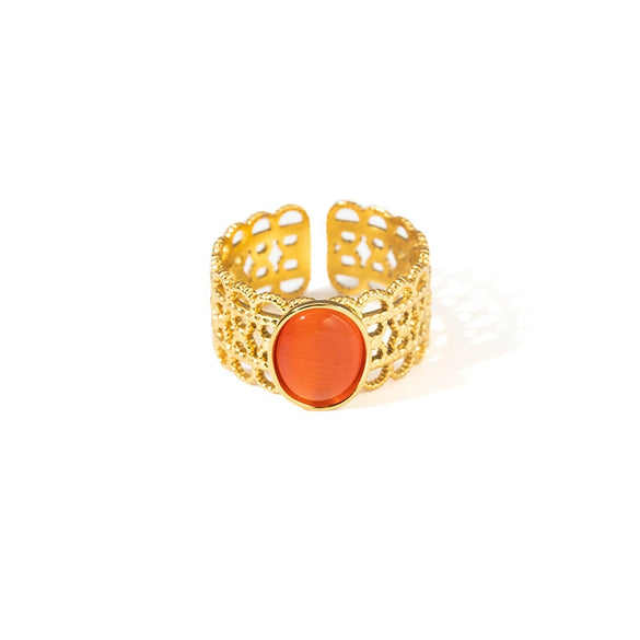 Wholesale Ladies Geometric Retro Hollow Titanium Steel Wide Face Ring Inlaid With Color Natural Stone Electroplated Highend Style