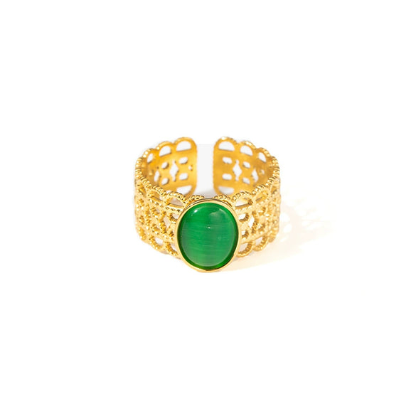 Wholesale Ladies Geometric Retro Hollow Titanium Steel Wide Face Ring Inlaid With Color Natural Stone Electroplated Highend Style