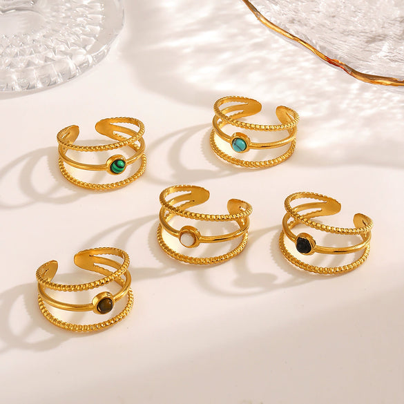 Wholesale Ladies Geometric Stainless Steel Ring With Obsidian Turquoise Malachite Tiger's Eye Stone Electroplated