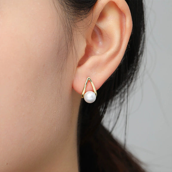 Wholesale Ladies Geometric Style Pearl Earrings Copper Plated 14K Real Gold