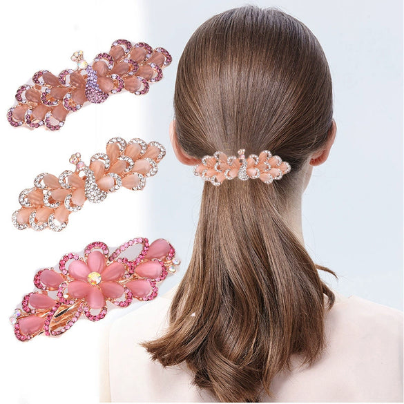 Wholesale Ladies Hair Accessories Alloy Nickelfree Plated Electroplated Cat's Eye Flower Hair Clip