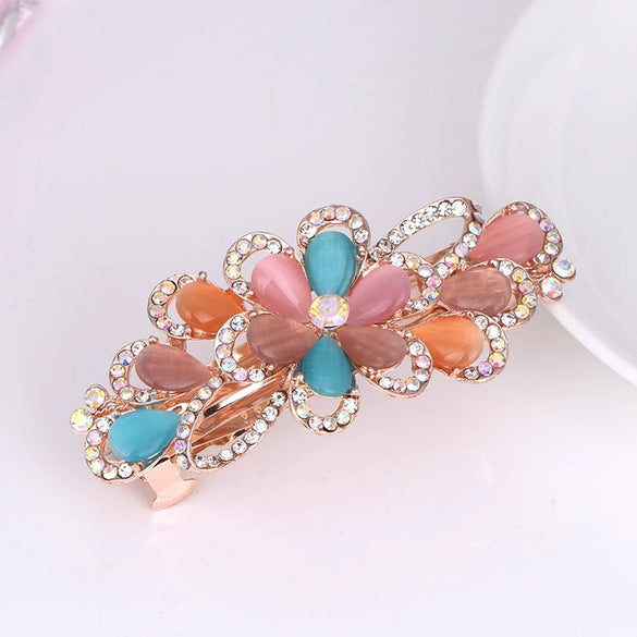 Wholesale Ladies Hair Accessories Alloy Nickelfree Plated Electroplated Cat's Eye Flower Hair Clip