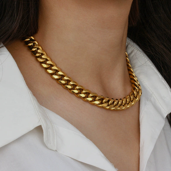 Wholesale Ladies Hiphop Stainless Steel Necklace With Geometric Pattern And Cuban Chain Electroplated