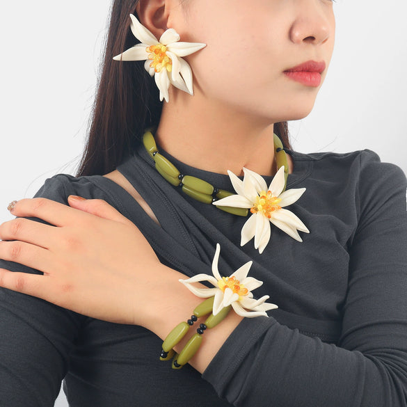 Wholesale Ladies Jewelry Set With Exaggerated Flower Acrylic Earrings Necklace Bracelet In Geometric Style And Bamboo Chain