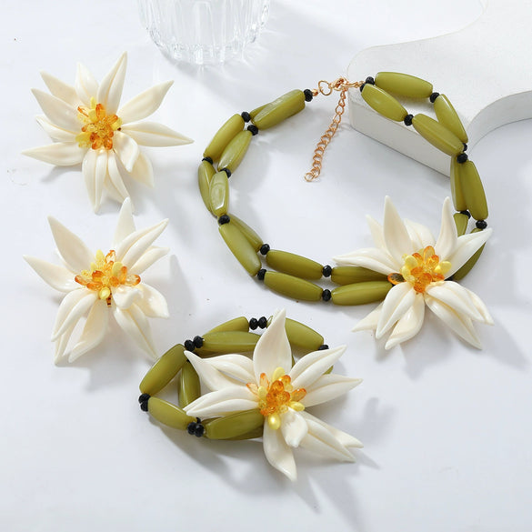 Wholesale Ladies Jewelry Set With Exaggerated Flower Acrylic Earrings Necklace Bracelet In Geometric Style And Bamboo Chain