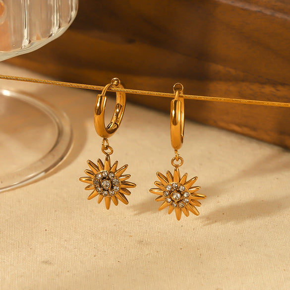 Wholesale Ladies Light Luxury Stainless Steel Earrings With Sunflower Shape And Diamond Design