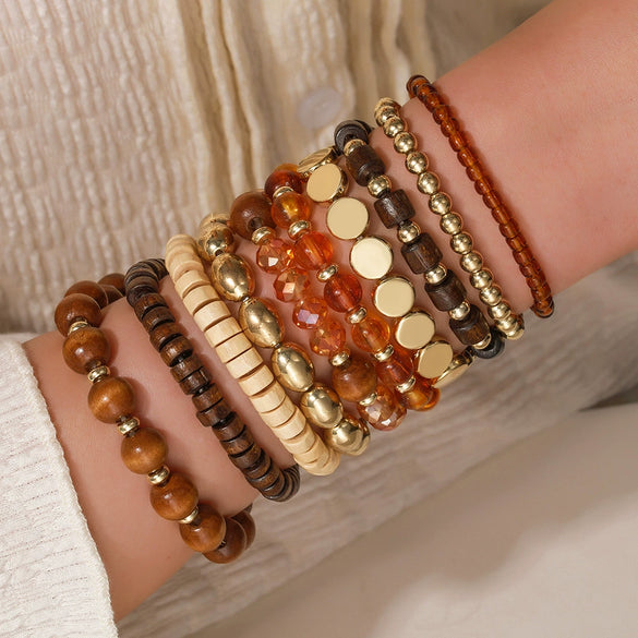 Wholesale Ladies Multilayered Acrylic Bohemian Style Geometric Handmade Beaded Elastic Rope Bracelet Suit