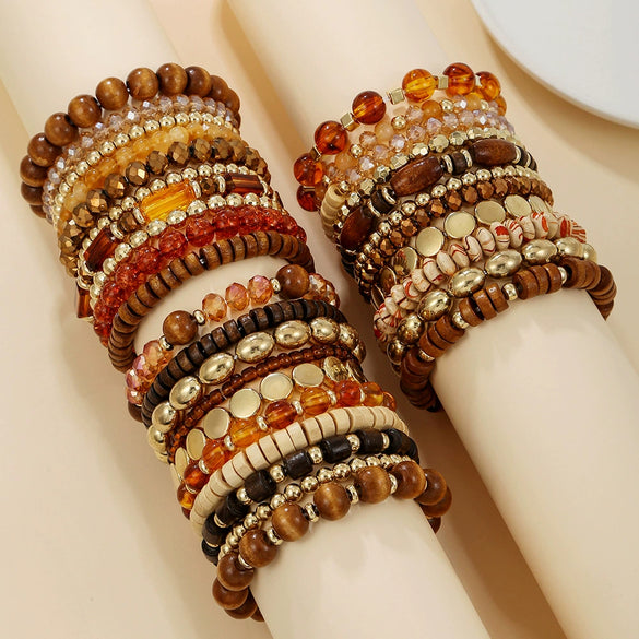 Wholesale Ladies Multilayered Acrylic Bohemian Style Geometric Handmade Beaded Elastic Rope Bracelet Suit