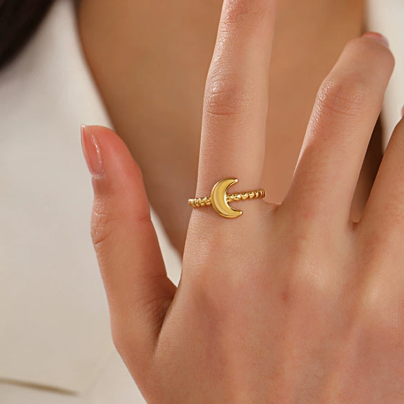 Wholesale Ladies' Opening Adjustable Stainless Steel Moon Ring With Geometric Design 18K Gold Plated