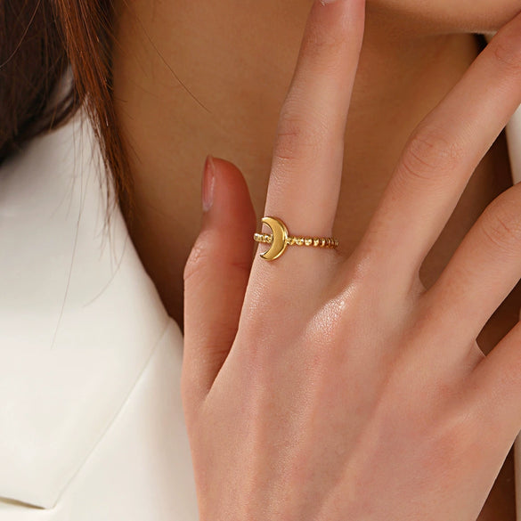 Wholesale Ladies' Opening Adjustable Stainless Steel Moon Ring With Geometric Design 18K Gold Plated