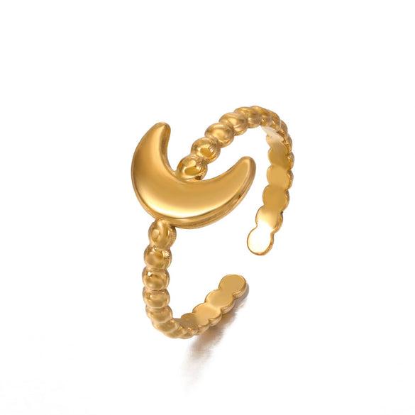 Wholesale Ladies' Opening Adjustable Stainless Steel Moon Ring With Geometric Design 18K Gold Plated