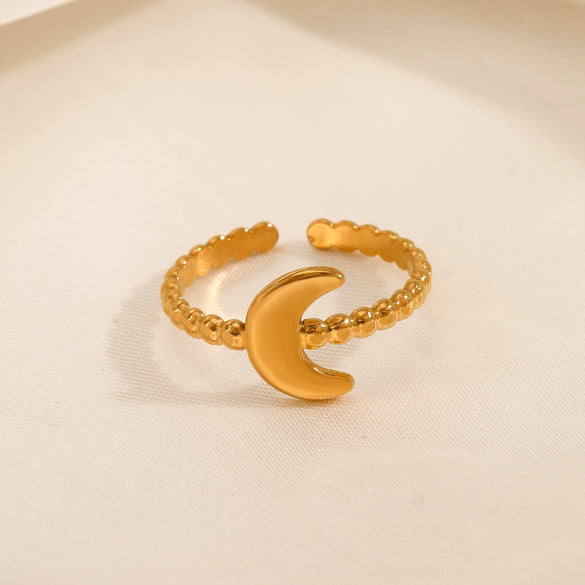 Wholesale Ladies' Opening Adjustable Stainless Steel Moon Ring With Geometric Design 18K Gold Plated