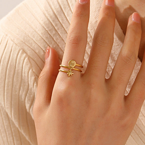 Wholesale Ladies Personality Stainless Steel Geometric Round Opening Star Ring