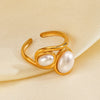 Wholesale Ladies Retro Hip Hop Style Stainless Steel And Pearl Open Adjusting Geometric Ring With Electroplating