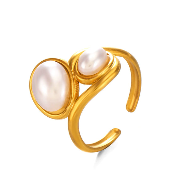 Wholesale Ladies Retro Hip Hop Style Stainless Steel And Pearl Open Adjusting Geometric Ring With Electroplating