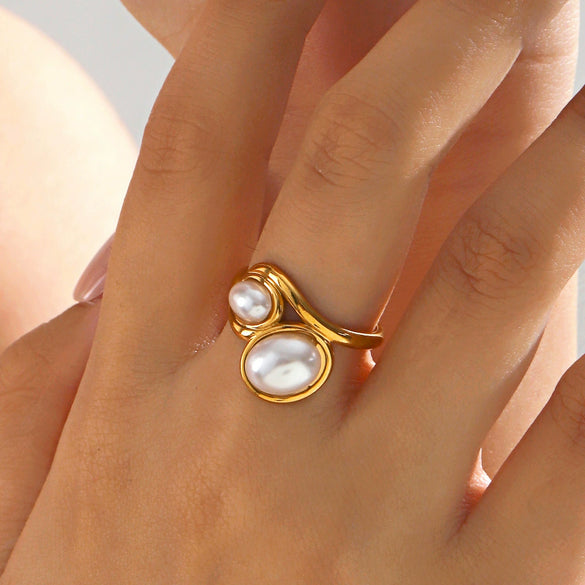 Wholesale Ladies Retro Hip Hop Style Stainless Steel And Pearl Open Adjusting Geometric Ring With Electroplating
