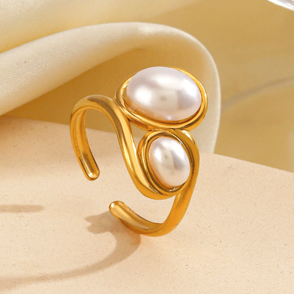 Wholesale Ladies Retro Hip Hop Style Stainless Steel And Pearl Open Adjusting Geometric Ring With Electroplating