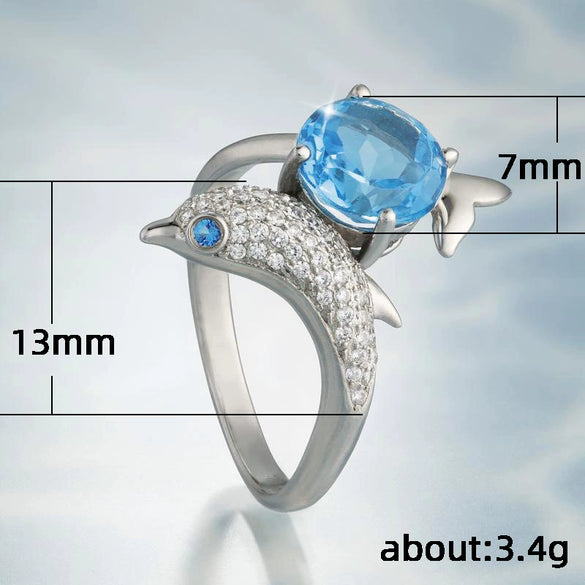 Wholesale Ladies Ring Jewelry Copper Inlaid Sapphire Blue Zircon Dolphin Shape Animal Pattern
