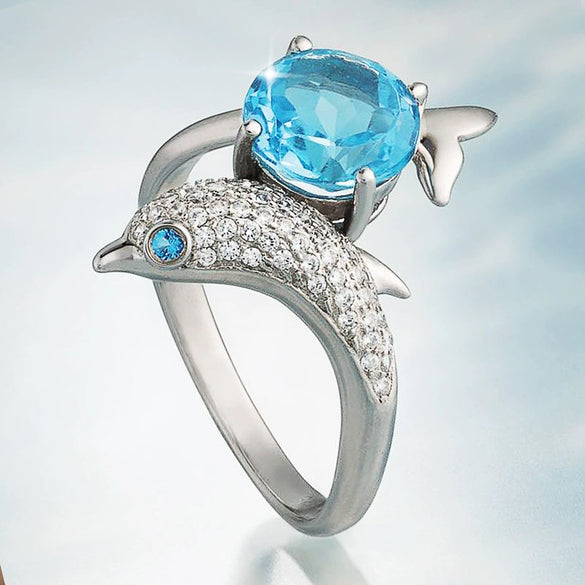 Wholesale Ladies Ring Jewelry Copper Inlaid Sapphire Blue Zircon Dolphin Shape Animal Pattern