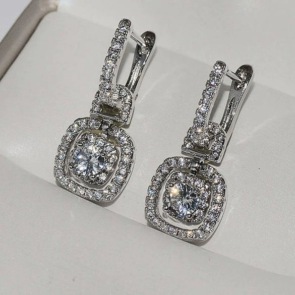 Wholesale Ladies Shining Zircon Geometric Copper Platinum Plated Earrings