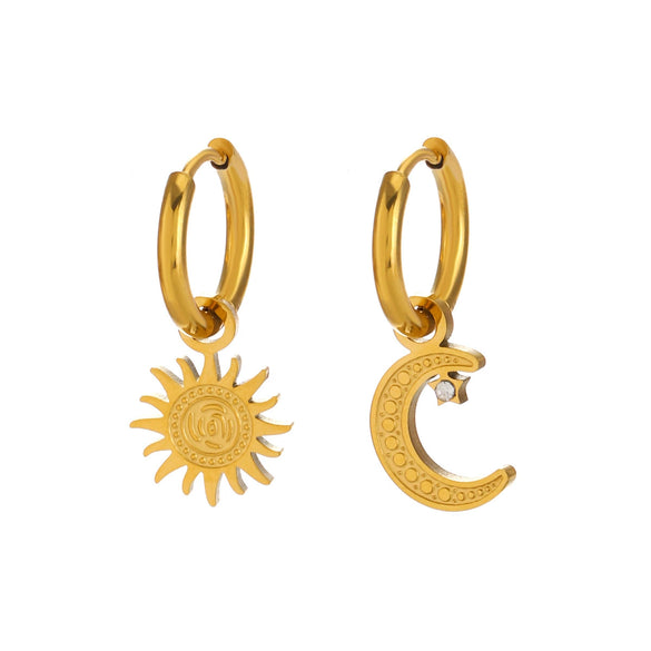 Wholesale Ladies Stainless Steel And Rhinestones Geometric Simple Asymmetric Moon Sun Electroplated Earrings