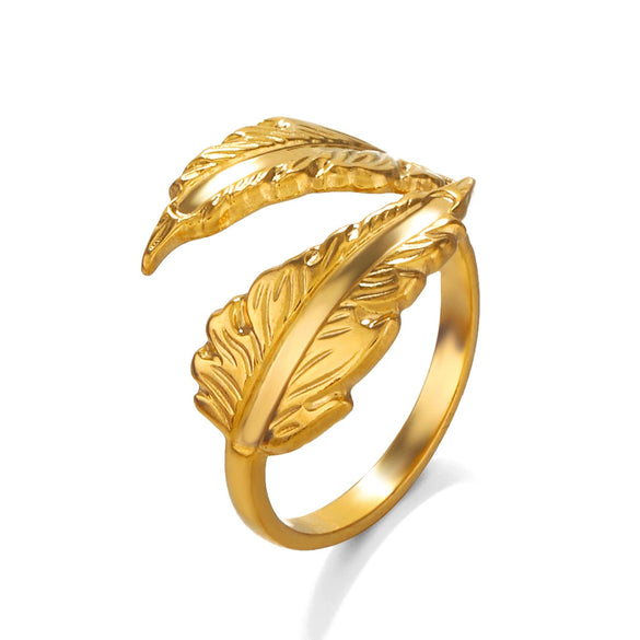 Wholesale Ladies Stainless Steel Feather Opening Adjustable Gold Plated Ring