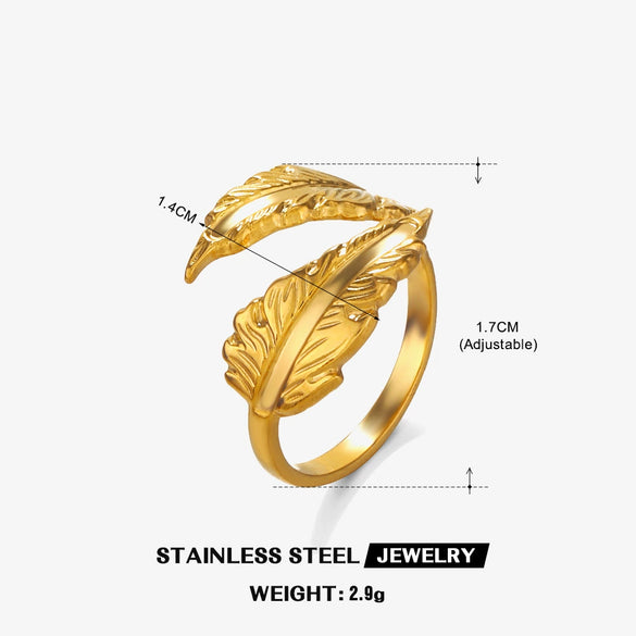 Wholesale Ladies Stainless Steel Feather Opening Adjustable Gold Plated Ring