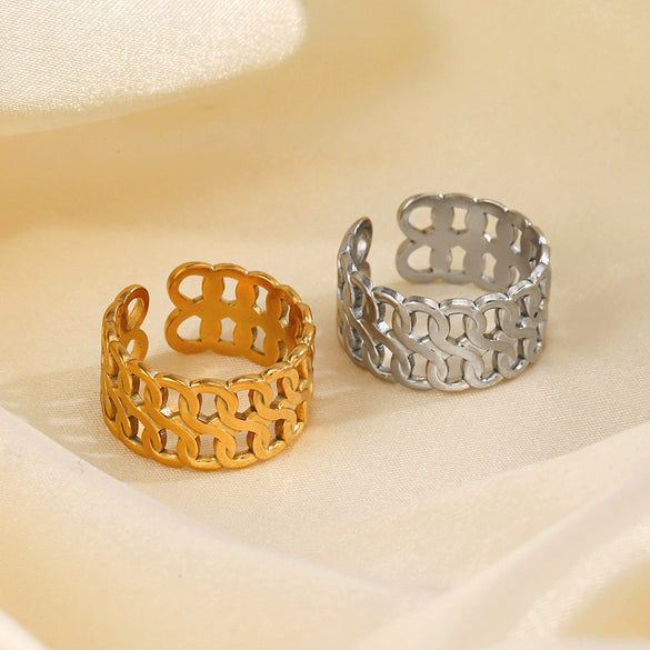 Wholesale Ladies Stainless Steel Geometric Doublelayer Chain Opening Adjustable Ring With Electroplating