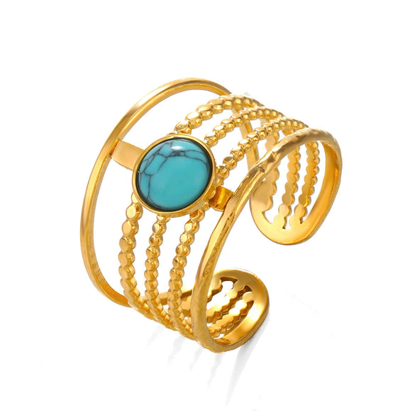 Wholesale Ladies Stainless Steel Geometric Inlaid Natural Stone Open Adjustable Ring With Electroplating
